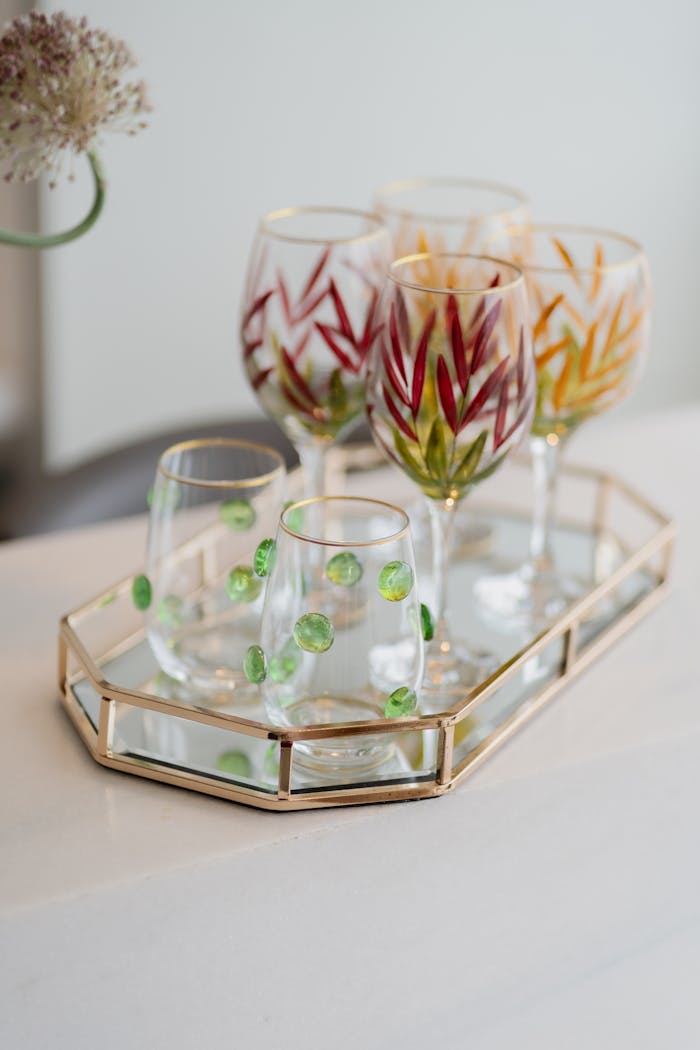 Stylish glassware with artistic patterns on a reflective tray, perfect for home decor.