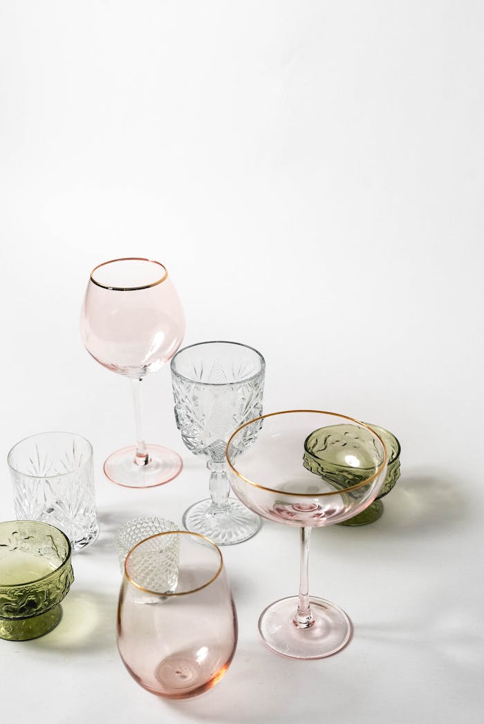 A collection of elegant glassware with various designs on a white background.